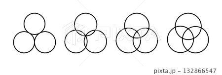 Three intersecting circles set. Circle Venn diagram with three parts. Infographic chart line icon. 3 overlap balance elements diagram. Vector illustration isolated on white background Three intersecting circles set. Circle Venn diagram with three parts. Infographic chart line icon. 3 overlap balance elements diagram. Vector illustration isolated on white background 132866547