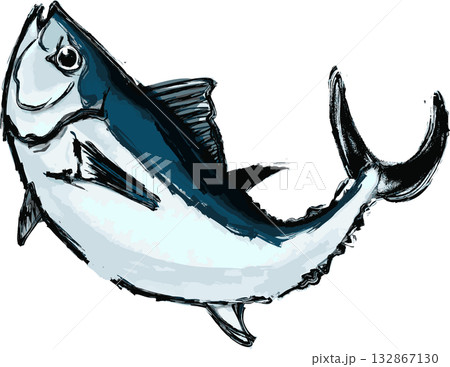 ジャンプするマグロの水墨画イラスト ジャンプするマグロの水墨画イラスト 132867130