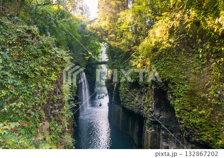 Boats sailing to Manai waterfall of Takachiho gorge at sunrise, Miyazaki 132867202