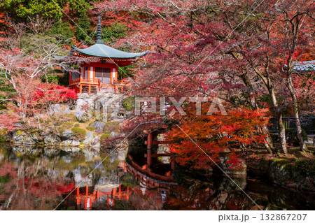 Pavilion pagoda of Daigoji temple with beautiful autumn leaf, Kyoto Pavilion pagoda of Daigoji temple with beautiful autumn leaf, Kyoto 132867207