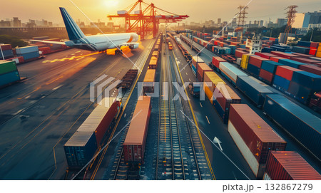 Logistics, container Cargo ship transportation with working crane bridge in deep sea port for import export. 132867279