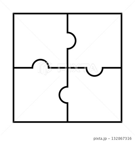 シンプルな四角いパズル型図形（線画）　4部構成のパズルプロセス図　ベクターイラストテンプレート　単品 132867316