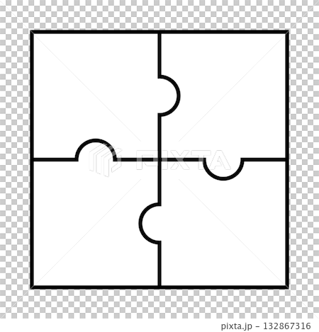 シンプルな四角いパズル型図形（線画）　4部構成のパズルプロセス図　ベクターイラストテンプレート　単品 132867316