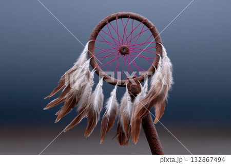 Bike wheel transformed into a colorful dreamcatcher with feathers on a soft background 132867494