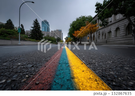 Colors in the air shift along an empty street in a city during overcast weather 132867635