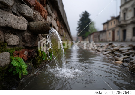 Water gently flowing from a brick wall into a puddle during a misty morning Water gently flowing from a brick wall into a puddle during a misty morning 132867640