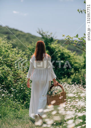 Woman Basket Flowers: Summer girl walks in daisy field, carrying flowers basket for a picnic in daylight. 132867751