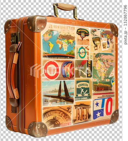 Retro suitcase of  traveler isolated on white background png transparent clipart. 132867796