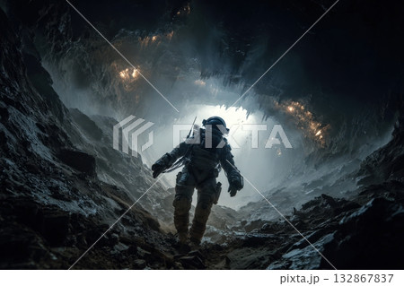 Modern spacesuit explorer descends into a mysterious cave environment Modern spacesuit explorer descends into a mysterious cave environment 132867837