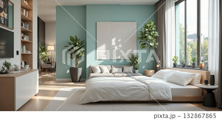 Modern Bedroom Interior Teal Accent Wall Bed Plants Minimalist Design Calm Relaxing Simple Stylish Home Decor Clean Lines Natural Light 132867865