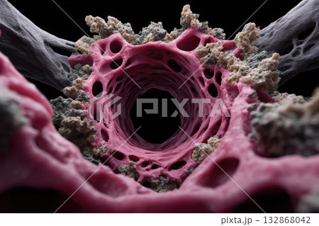 Detailed lung cross-section displaying accumulated matter within the respiratory system Detailed lung cross-section displaying accumulated matter within the respiratory system 132868042