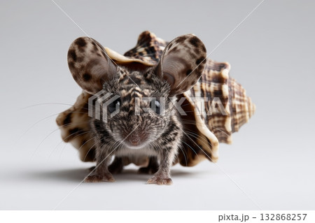 Little mouse with a humorous bread crust shell posing for a quirky photo 132868257