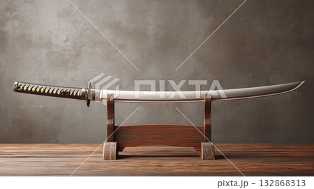 木製スタンドに展示された曲刀の横姿 132868313