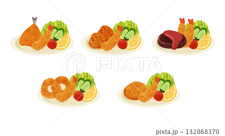 ミックスフライ5種類セット　水彩風手描きベクターイラスト 132868370