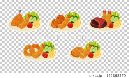 ミックスフライ5種類セット　水彩風手描きベクターイラスト 132868370