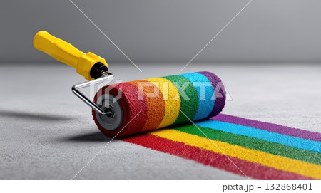 Colorful paint roller with yellow handle rolling out vibrant stripes on a smooth surface 132868401