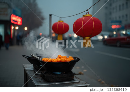 Nighttime street food stall serving warm dumplings in a bustling city atmosphere 132868419
