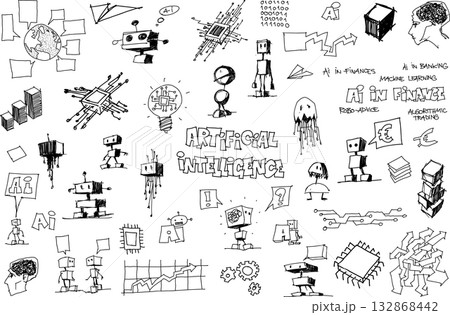 hand drawn architectural sketches of artificial intelligence topics and robots and network strucures and ai in finance and money hand drawn architectural sketches of artificial intelligence topics and robots and network strucures and ai in finance and money 132868442