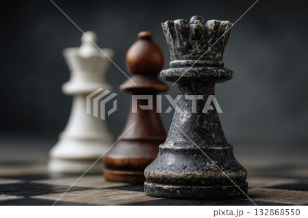 Wooden chessboard transformed into a war zone with worn pieces reflecting battle history Wooden chessboard transformed into a war zone with worn pieces reflecting battle history 132868550