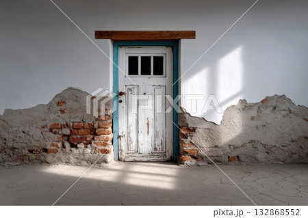 Weathered wooden door with peeling paint in a rustic interior Weathered wooden door with peeling paint in a rustic interior 132868552