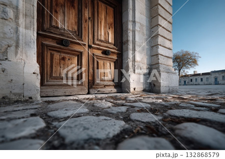 Intricate carvings on a wooden door at a historic stone building in daylight 132868579