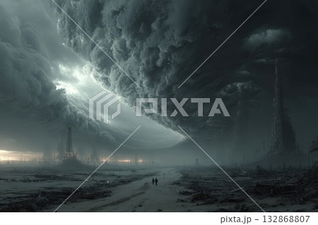 Wasteland travelers explore the desolate landscape of a dying planet under ominous skies 132868807