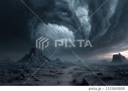 Wastelands of apocalyptica showcase a dying planet under dark swirling clouds Wastelands of apocalyptica showcase a dying planet under dark swirling clouds 132868808