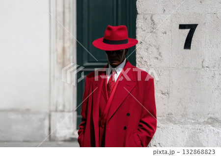 Mysterious figure in red attire stands against a textured wall during daylight hours 132868823