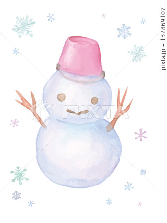 背景に雪の結晶を散らした水彩手描きの雪だるま 背景に雪の結晶を散らした水彩手描きの雪だるま 132869107