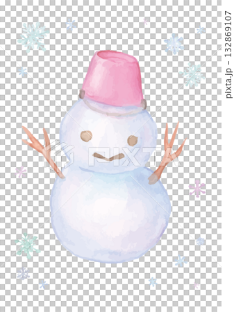 Watercolor hand-painted snowman with scattered snowflakes in the background 132869107