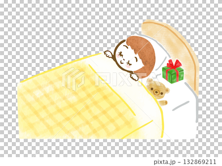 Illustration of a girl sleeping in bed with a Christmas present placed next to her pillow Illustration of a girl sleeping in bed with a Christmas present placed next to her pillow 132869211