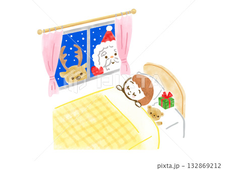 女の子が眠るベッドの枕元にプレゼント、窓からはサンタとトナカイがのぞいているクリスマスイラスト 女の子が眠るベッドの枕元にプレゼント、窓からはサンタとトナカイがのぞいているクリスマスイラスト 132869212