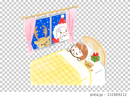 一幅聖誕插畫，畫的是一個女孩躺在床上睡覺，枕邊放著一份禮物，聖誕老公公和馴鹿正從窗戶探出頭來。 132869212