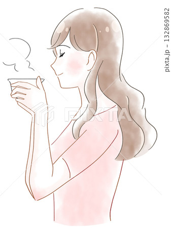 紅茶を飲む女性の水彩風イラスト 紅茶を飲む女性の水彩風イラスト 132869582