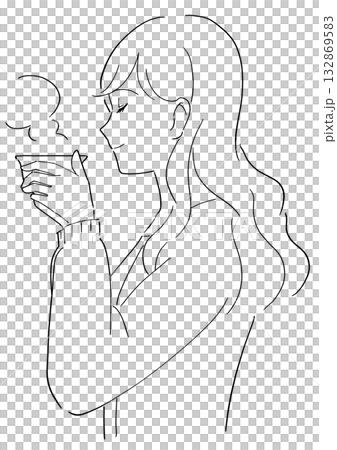 Black and white illustration of a woman drinking tea 132869583