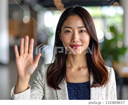 手を振る若い女性 手を振る若い女性 132869657