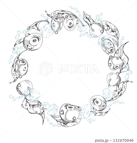 Sweet cherry cerise flying in water splashes drops ice cubes, hand drawn vector ink, ripe line garden berry leaves. Circle wreath frame illustration. Restaurant cafe menu, farmers market, wedding 132870046