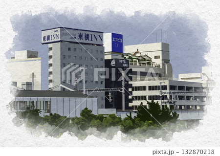 水彩画風　福山市街地　東横INN福山駅新幹線南口　広島県福山市 132870218