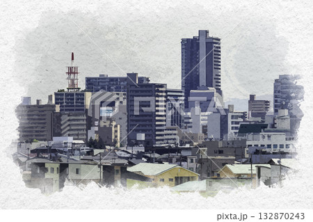 水彩画風　福山市街地　福山駅周辺　広島県福山市 132870243