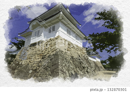 水彩画風　福山城　月見櫓と鏡櫓　広島県福山市 132870301