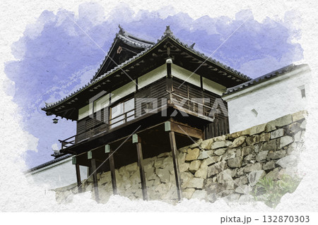 水彩画風　福山城　御湯殿　広島県福山市 132870303