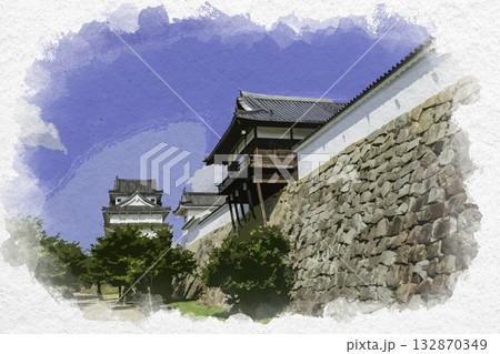 水彩画風 福山城 御湯殿と伏見櫓 広島県福山市 水彩画風 福山城 御湯殿と伏見櫓 広島県福山市 132870349
