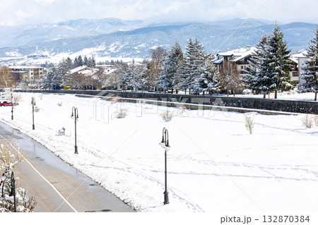 Bansko, Bulgaria winter street view and river 132870384