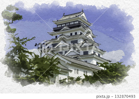 水彩画風　福山城　リニューアル天守閣　鉄板張り　広島県福山市 132870493