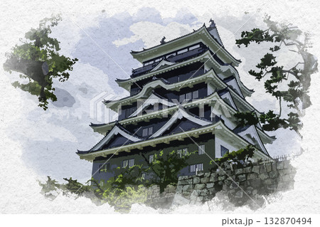 水彩画風　福山城　リニューアル天守閣　鉄板張り　広島県福山市 132870494