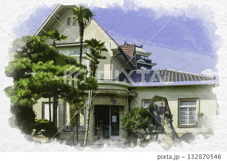 水彩画風　福山城　福寿会館　洋館玄関　広島県福山市 132870546
