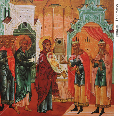 byzantine icon in church of savior of Neredica, novgorod, russia byzantine icon in church of savior of Neredica, novgorod, russia 132870659