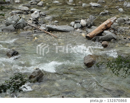 A turbulent stream of clear water from the high mountains continues its movement over the rocks like A turbulent stream of clear water from the high mountains continues its movement over the rocks like 132870868