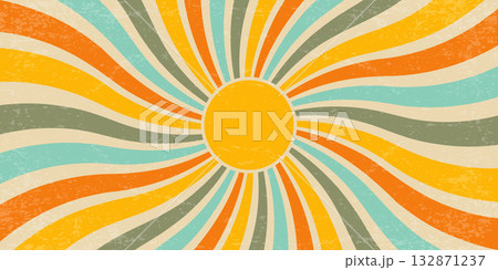 Summer groovy background with pattern of wavy sun rays. Abstract 70s vintage radial funky poster with grunge texture. Colored spiral beams. Vector illustration 132871237