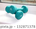 Two 2-kilogram sea-green dumbbells lying on top of each other on a windowsill 132871378